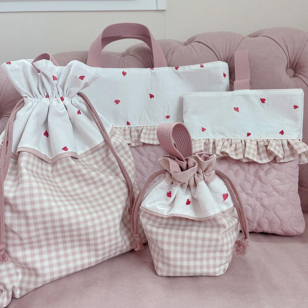 レッスンバック 女の子 入園入学 上履き入れ 体操服入れ ハート柄 チェック