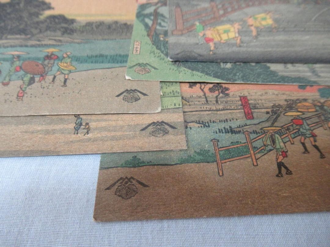 美品1900年頃(明治時代後期)◆歌川広重 木版画「東海道五十三次」絵葉書12枚