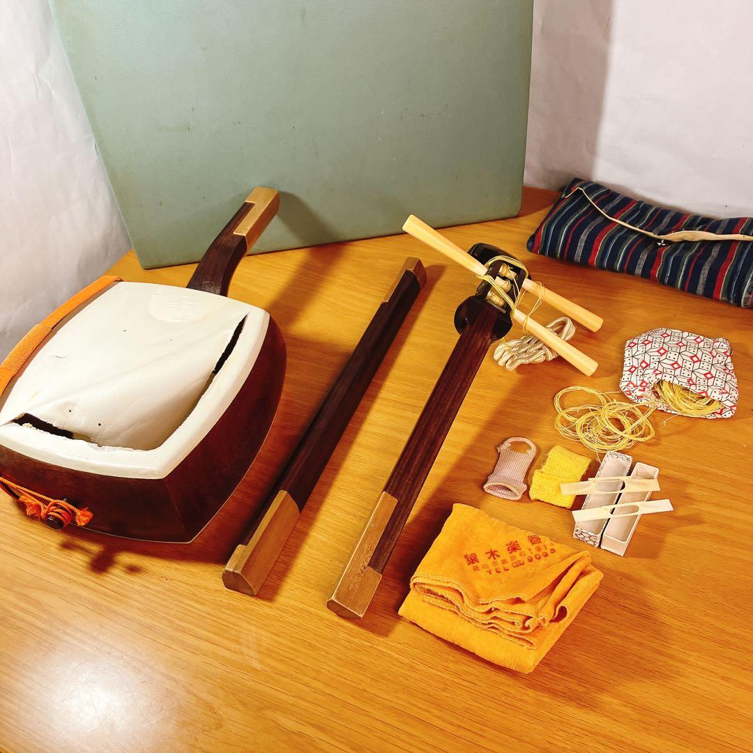 猿木楽器店 琴三弦 細棹 三味線 昭和中期 ケース付