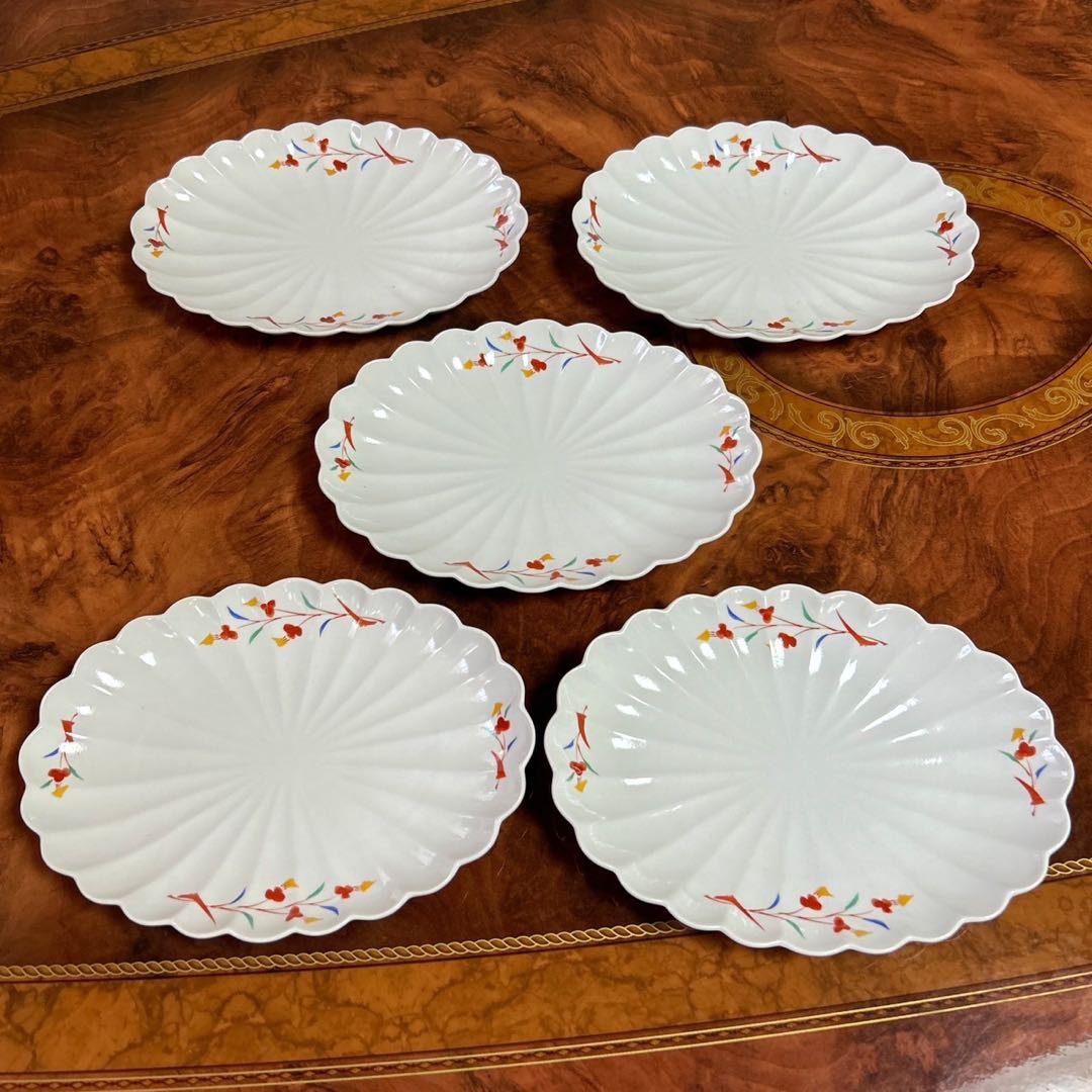たち吉　楕円皿　５枚セット　菊割皿　中皿　長皿　粉引き　赤絵　輪花皿　和食器
