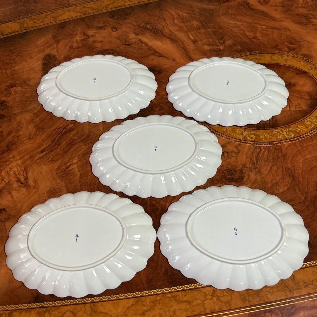 たち吉　楕円皿　５枚セット　菊割皿　中皿　長皿　粉引き　赤絵　輪花皿　和食器