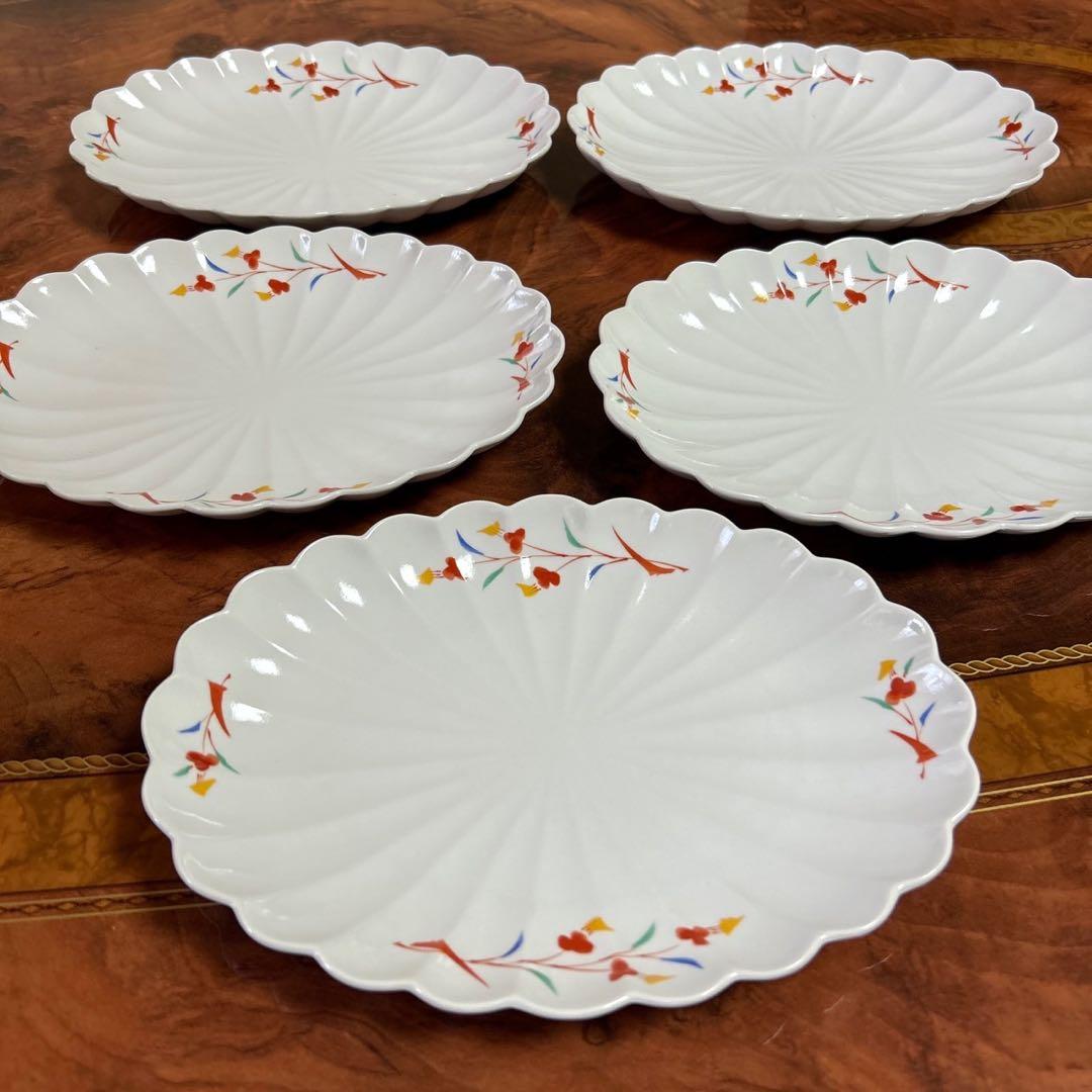 たち吉　楕円皿　５枚セット　菊割皿　中皿　長皿　粉引き　赤絵　輪花皿　和食器