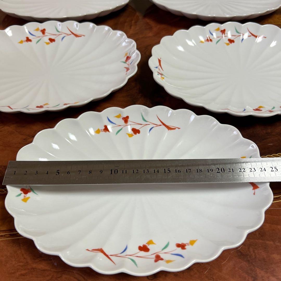 たち吉　楕円皿　５枚セット　菊割皿　中皿　長皿　粉引き　赤絵　輪花皿　和食器