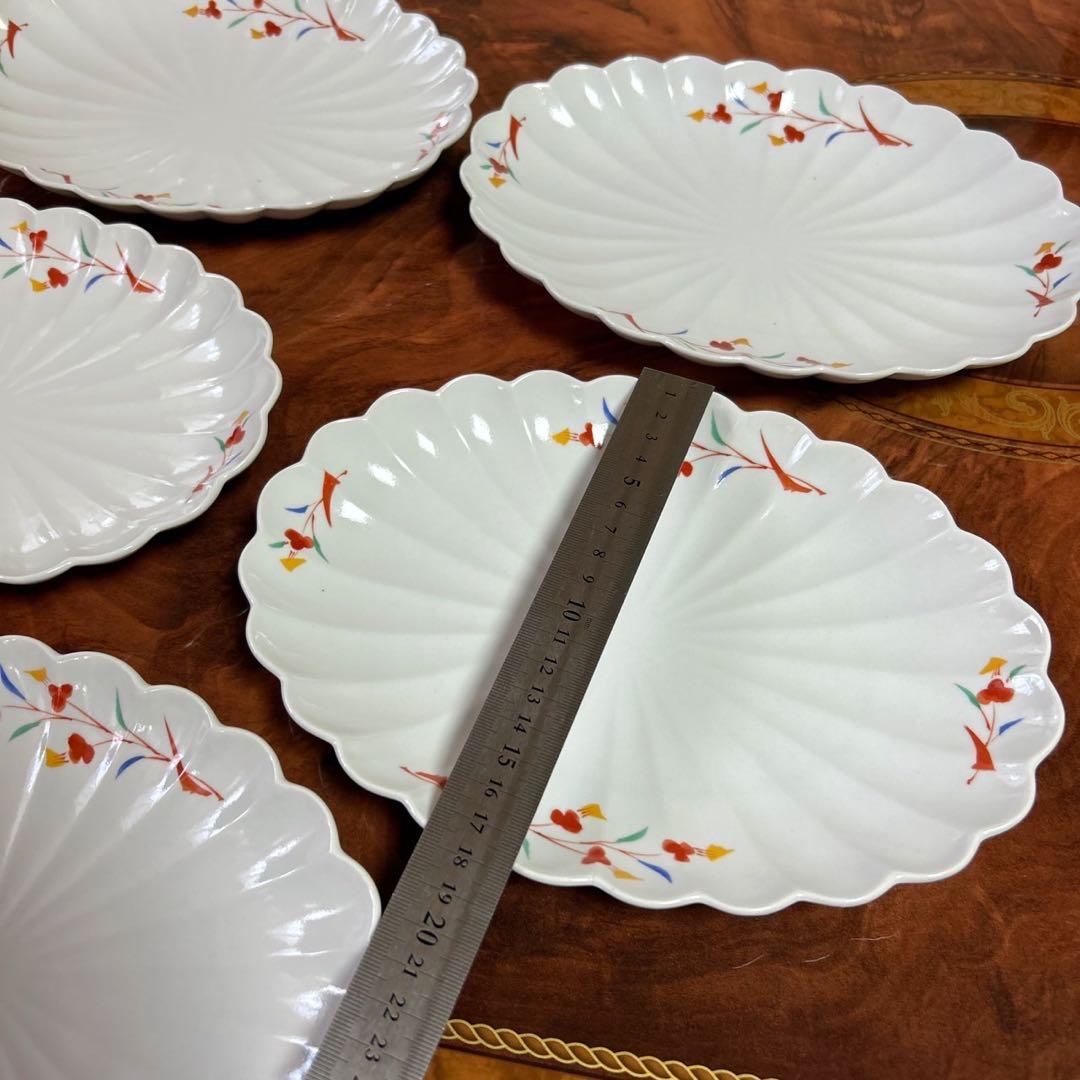 たち吉　楕円皿　５枚セット　菊割皿　中皿　長皿　粉引き　赤絵　輪花皿　和食器