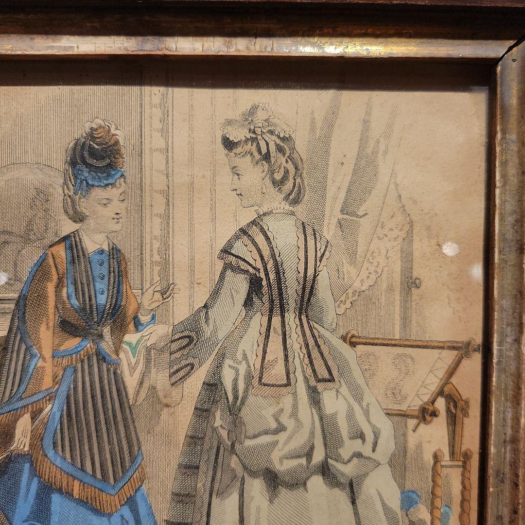 古い　フランスの挿し絵　木製額入り