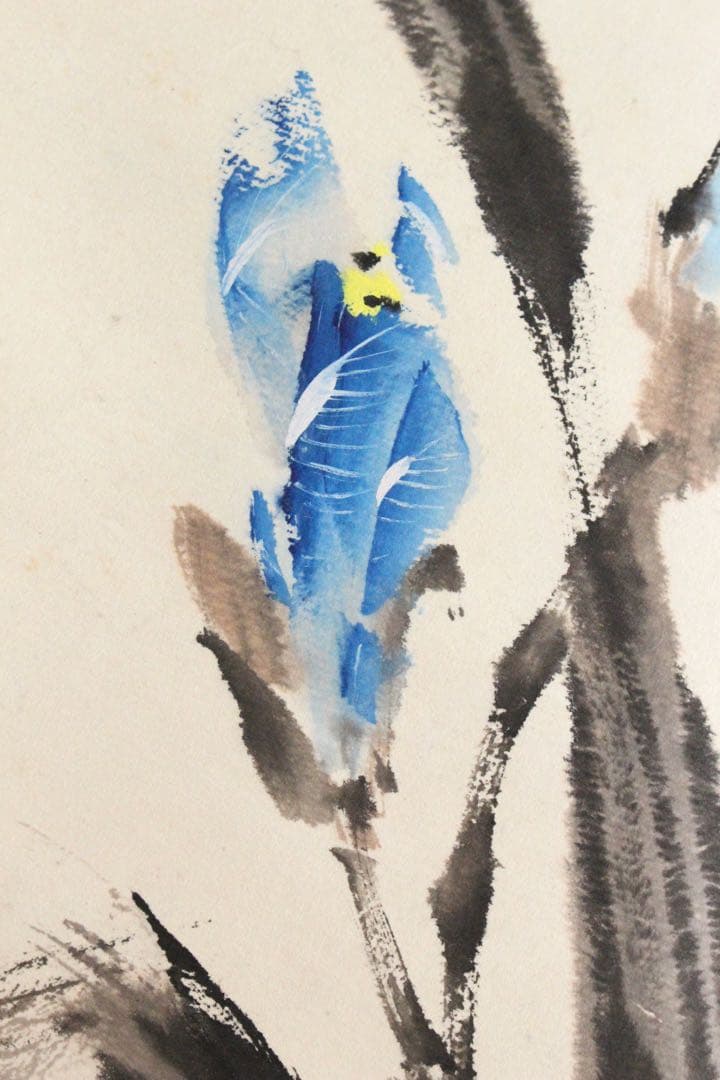 No5237 掛軸　在銘　アヤメ　菖蒲　着色紙本　中国画　墨彩　古美術　送料無料