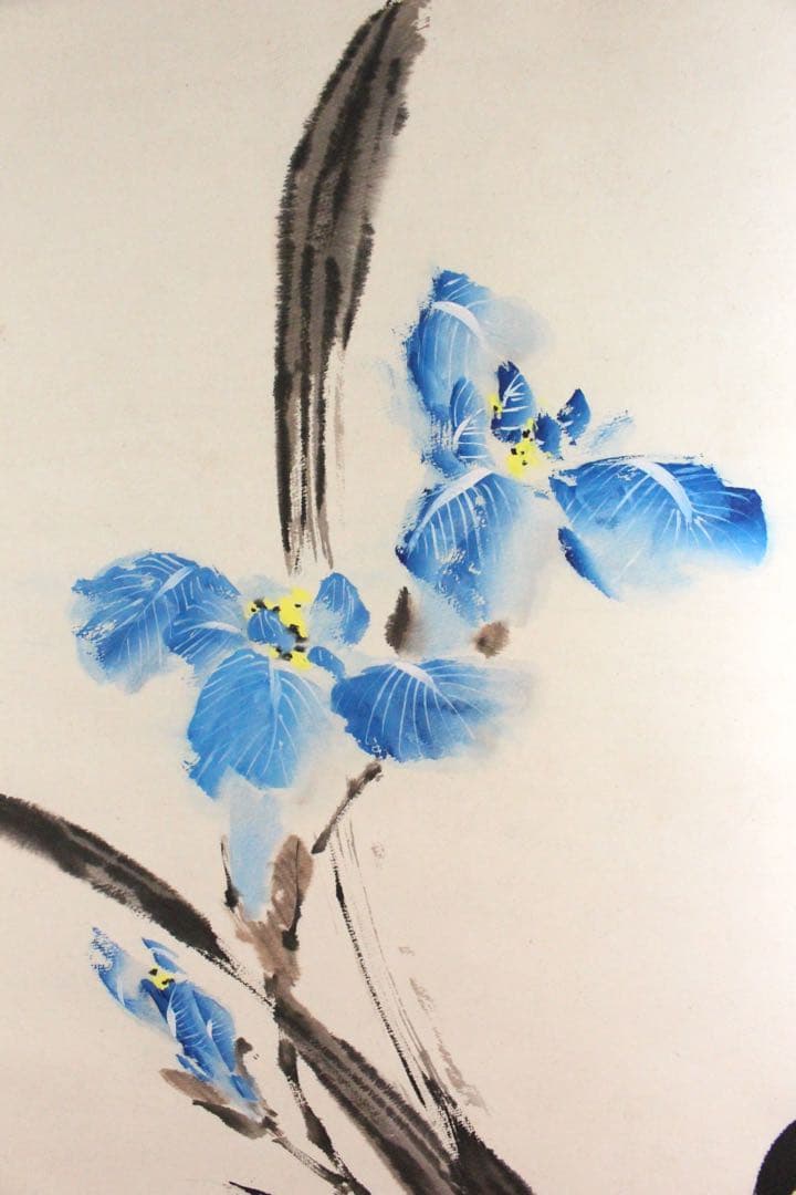 No5237 掛軸　在銘　アヤメ　菖蒲　着色紙本　中国画　墨彩　古美術　送料無料