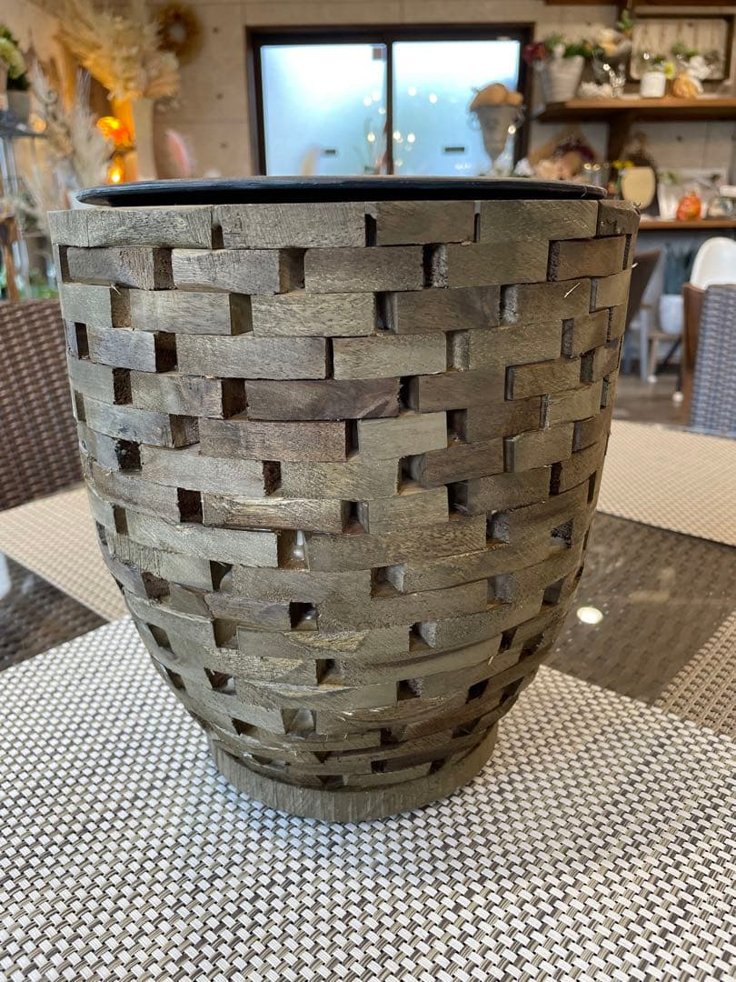 オシャレ鉢　観葉植物カバー　S 組み木模様　木製　インテリア　置物