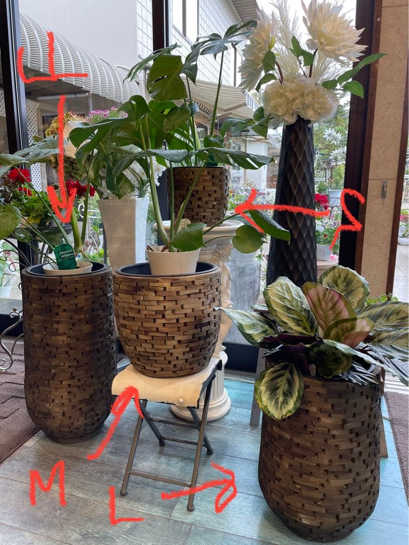 オシャレ鉢　観葉植物カバー　S 組み木模様　木製　インテリア　置物