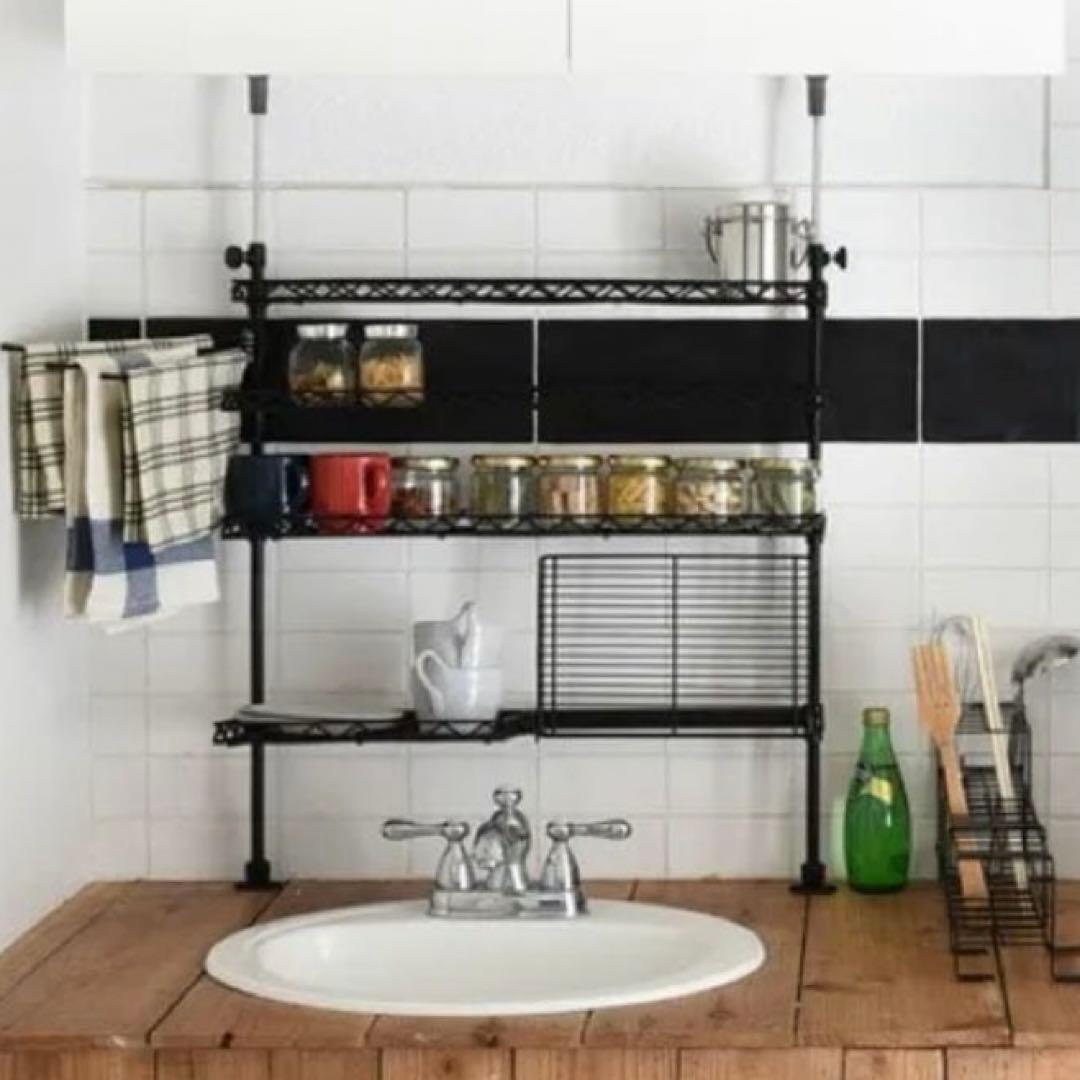 突っ張りキッチンラック 幅60 ブラック