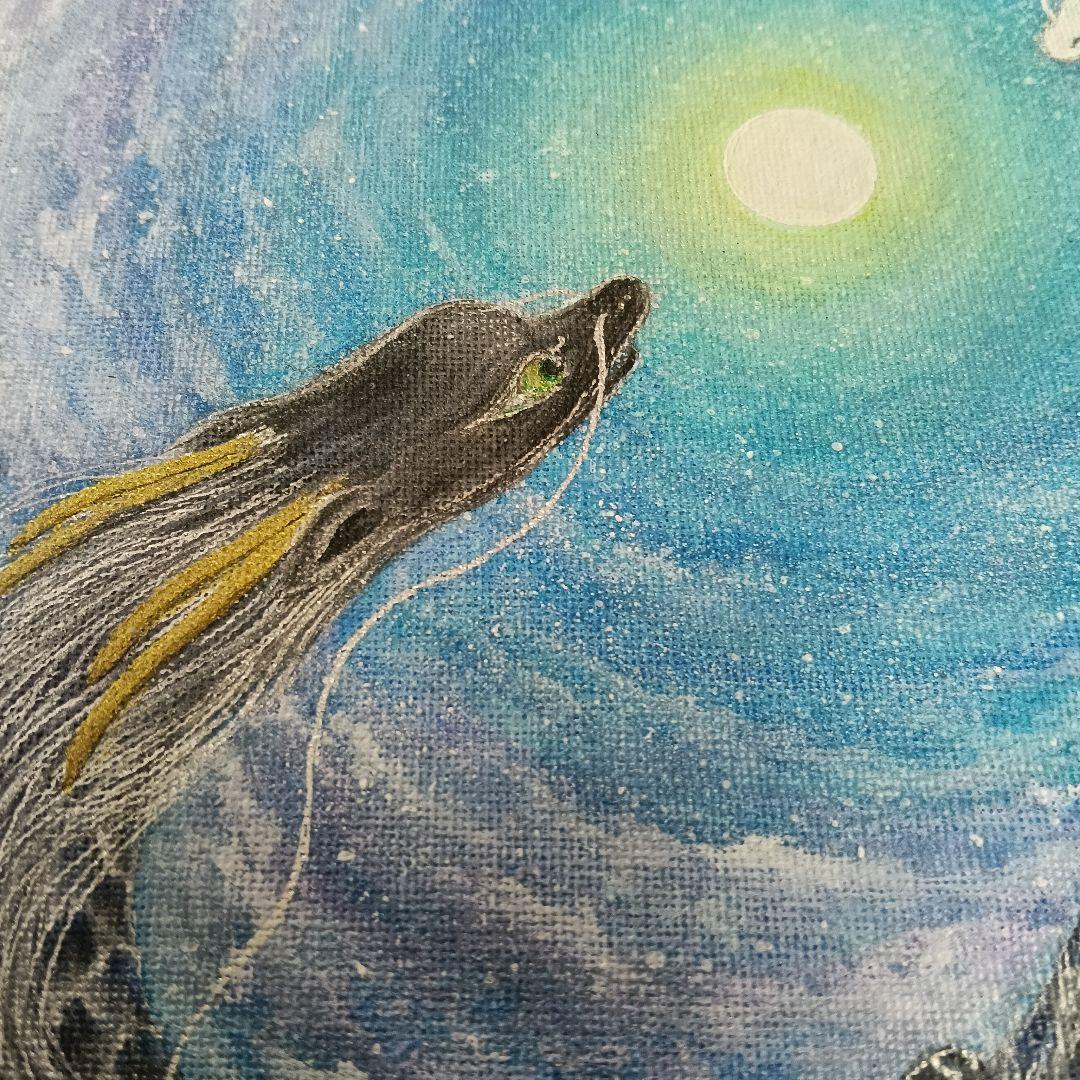 No.483 F4サイズ　大き目　龍神様　龍神絵画　白龍　黒龍　満月　開運絵画