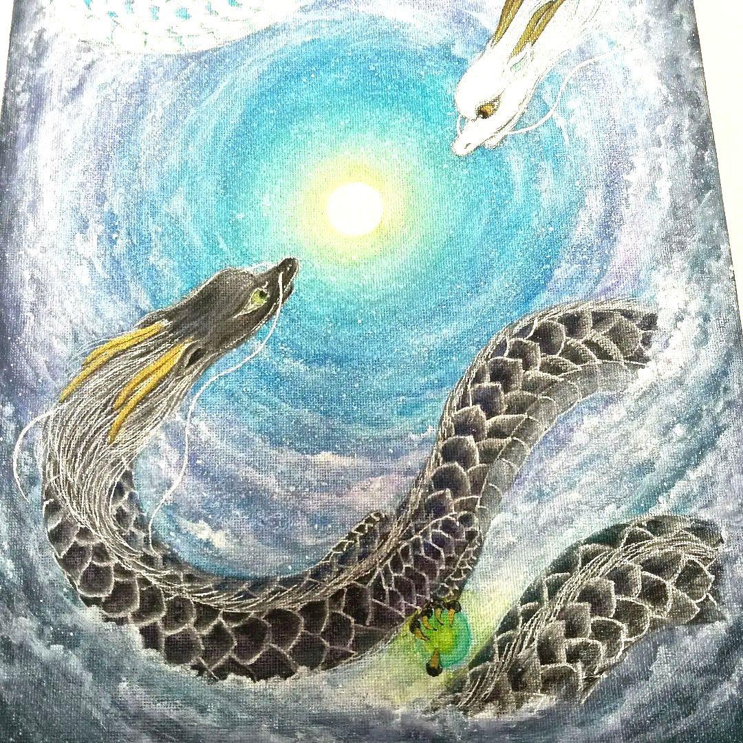 No.483 F4サイズ　大き目　龍神様　龍神絵画　白龍　黒龍　満月　開運絵画