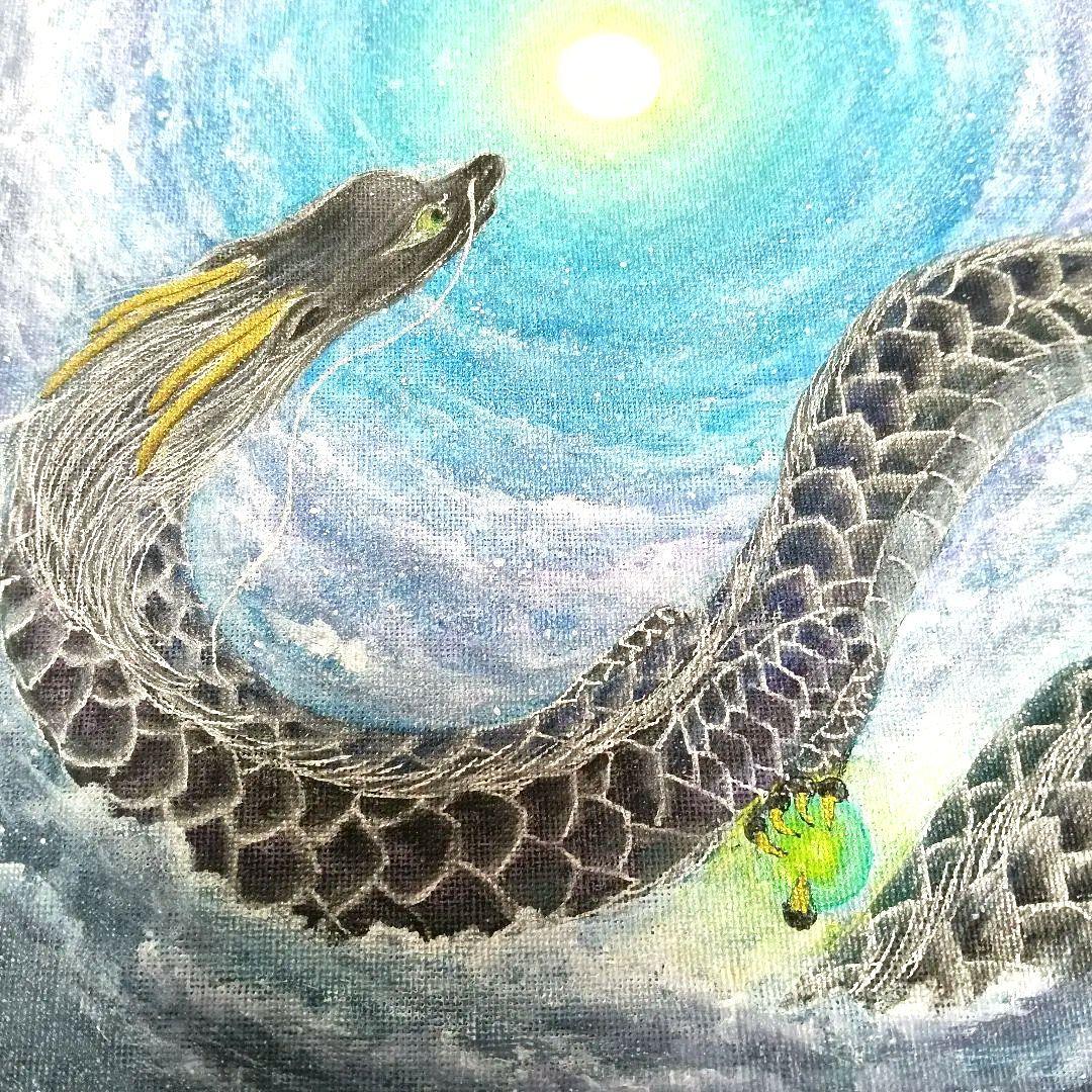 No.483 F4サイズ　大き目　龍神様　龍神絵画　白龍　黒龍　満月　開運絵画