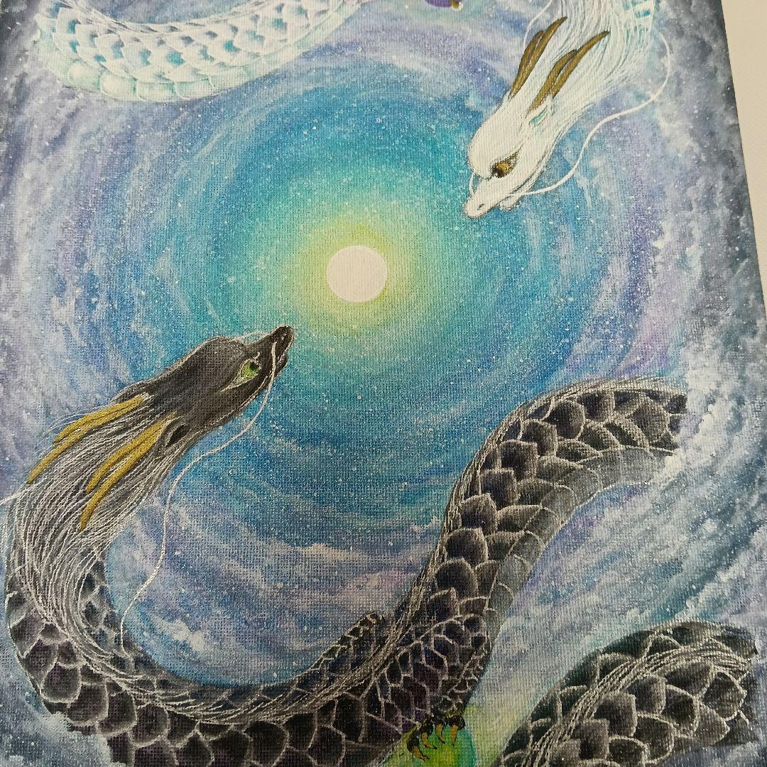 No.483 F4サイズ　大き目　龍神様　龍神絵画　白龍　黒龍　満月　開運絵画