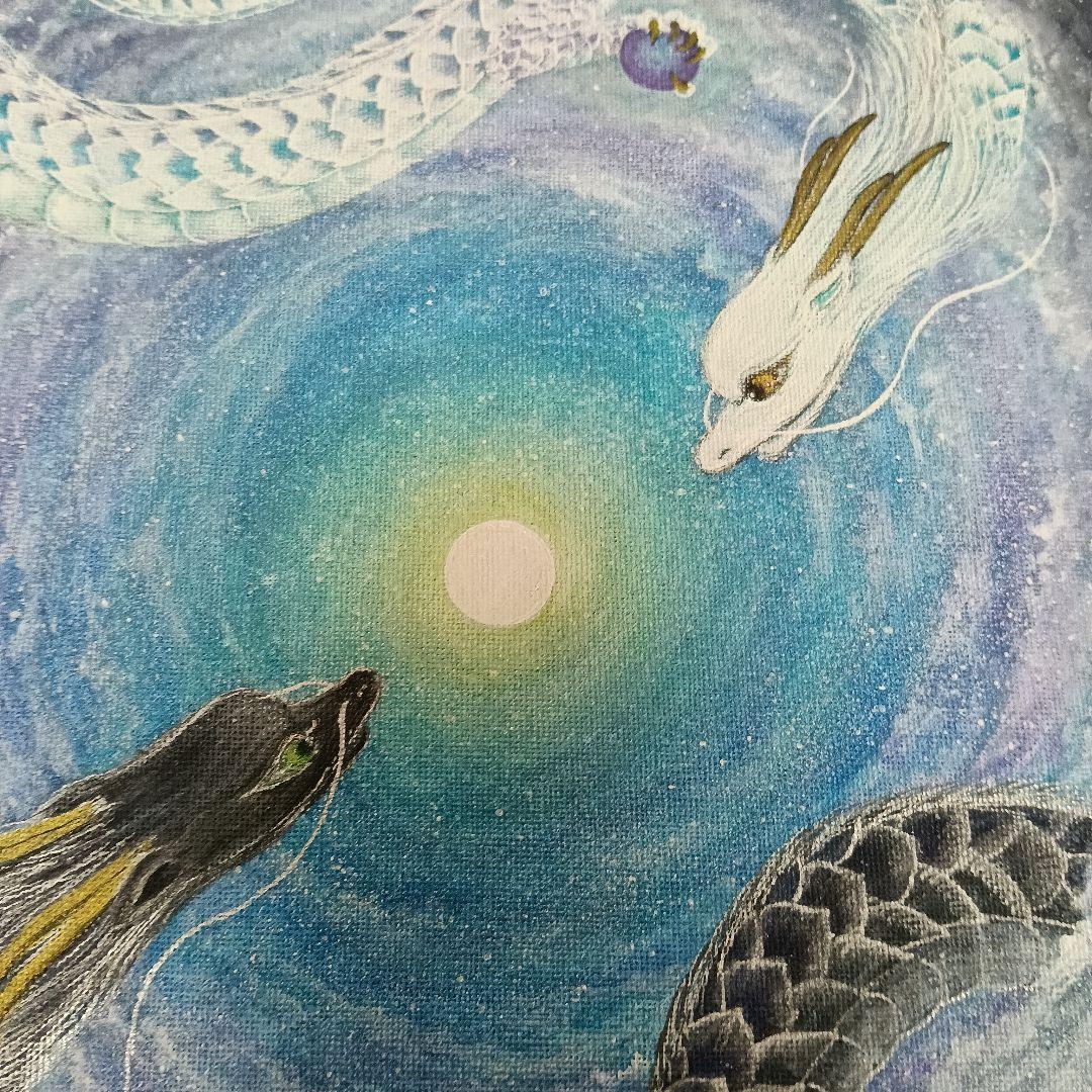 No.483 F4サイズ　大き目　龍神様　龍神絵画　白龍　黒龍　満月　開運絵画