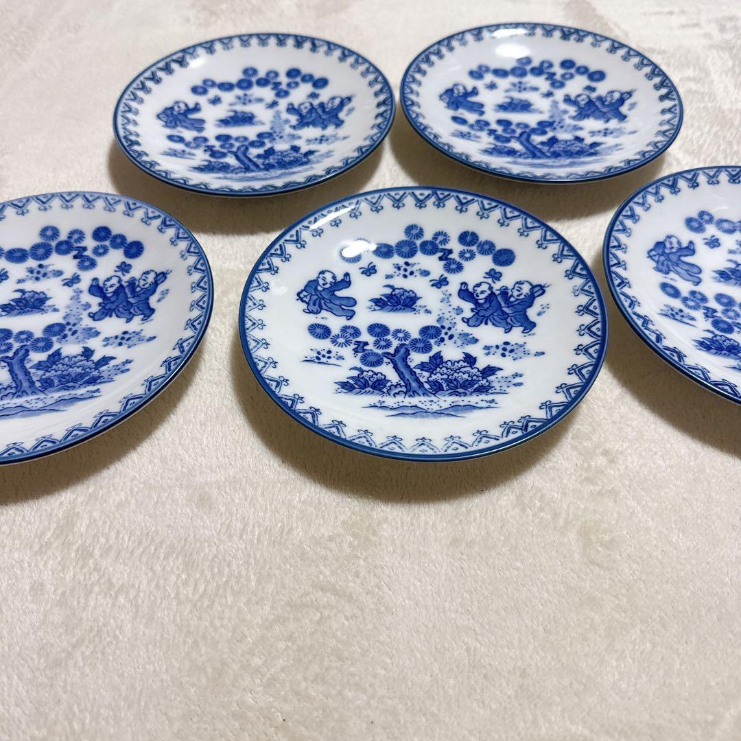 唐子 唐子模様 遊子 中皿 5枚セット 銘々皿 染付 縁起物 取皿 和食器