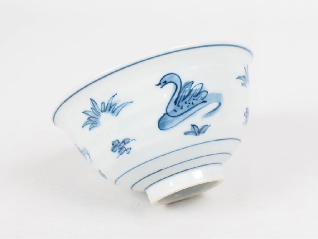 源右衛門窯 染付水鳥図 茶碗 飯碗 5客② (付属品：共箱)