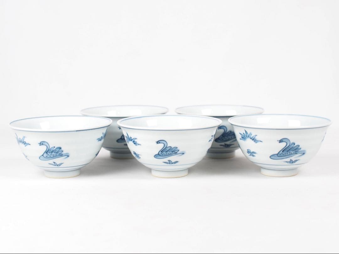 源右衛門窯 染付水鳥図 茶碗 飯碗 5客② (付属品：共箱)