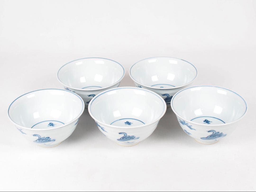 源右衛門窯 染付水鳥図 茶碗 飯碗 5客② (付属品：共箱)