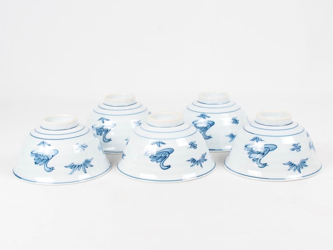 源右衛門窯 染付水鳥図 茶碗 飯碗 5客② (付属品：共箱)