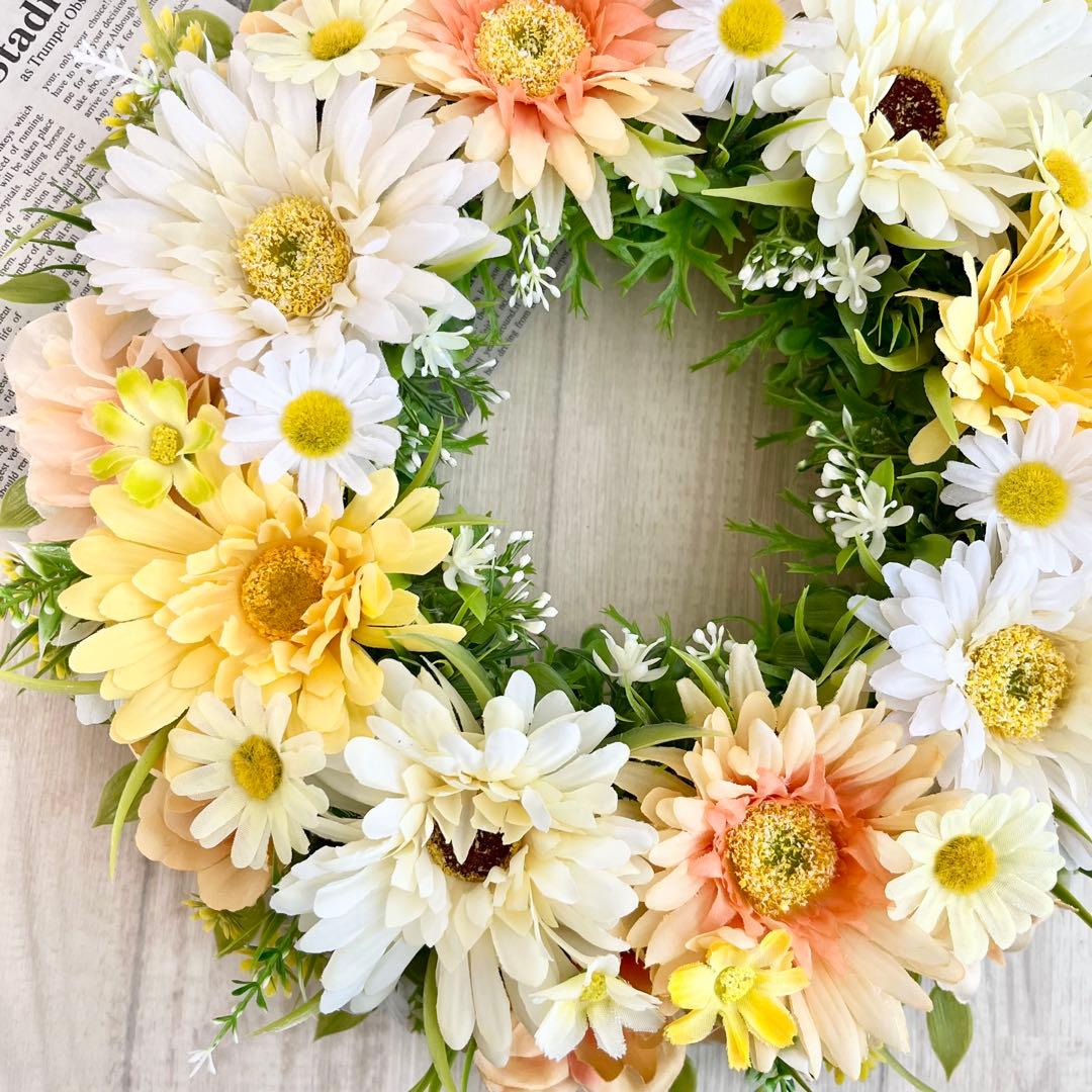 フラワーリース 黄色 オレンジ ガーベラ 野花 春まち 玄関リース 308