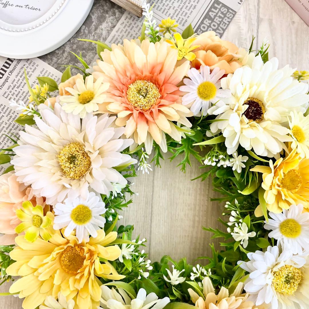 フラワーリース 黄色 オレンジ ガーベラ 野花 春まち 玄関リース 308