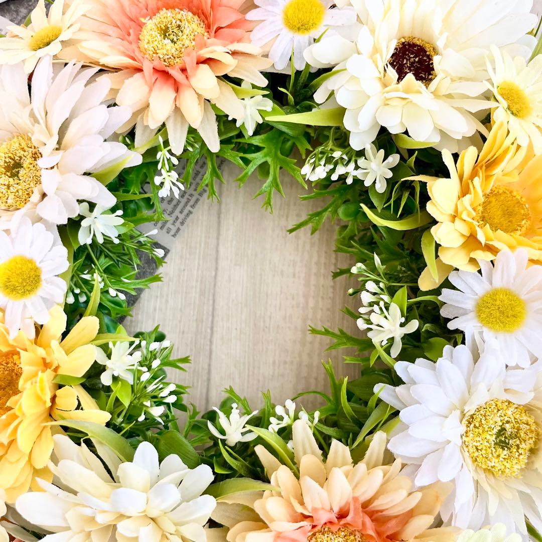フラワーリース 黄色 オレンジ ガーベラ 野花 春まち 玄関リース 308