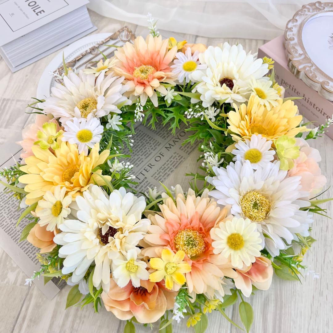 フラワーリース 黄色 オレンジ ガーベラ 野花 春まち 玄関リース 308