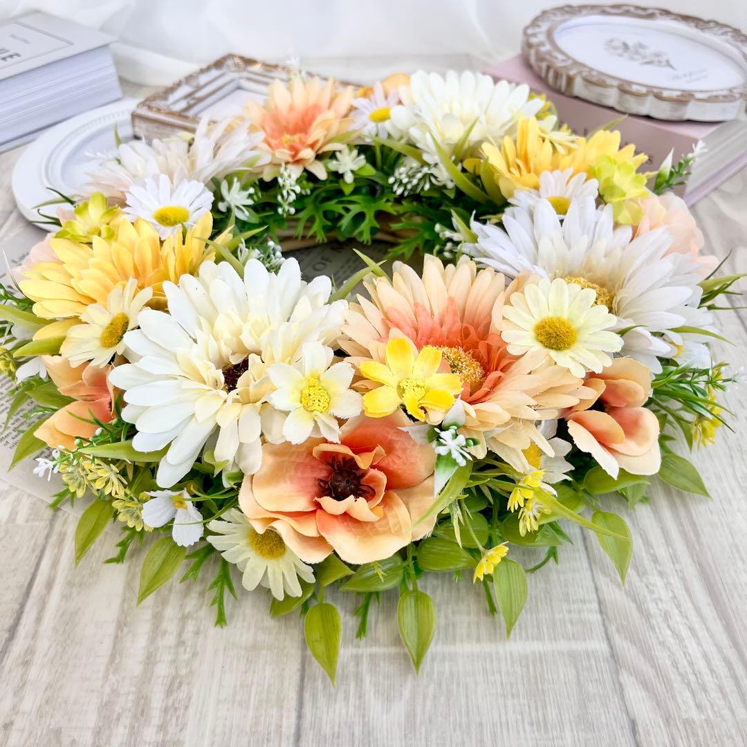 フラワーリース 黄色 オレンジ ガーベラ 野花 春まち 玄関リース 308