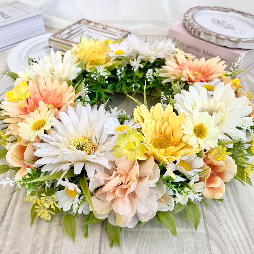 フラワーリース 黄色 オレンジ ガーベラ 野花 春まち 玄関リース 308