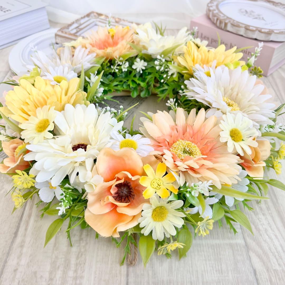 フラワーリース 黄色 オレンジ ガーベラ 野花 春まち 玄関リース 308