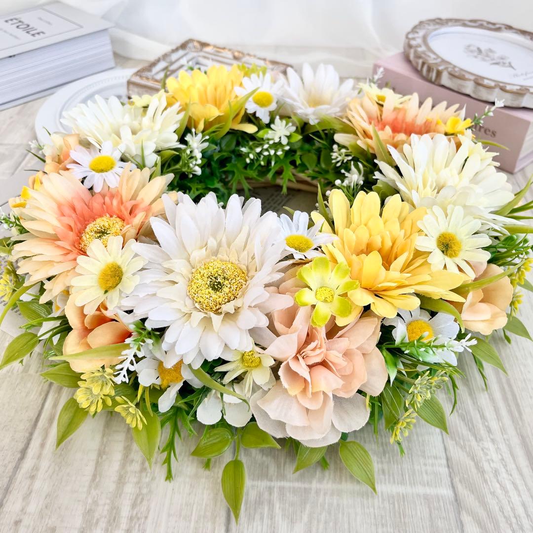 フラワーリース 黄色 オレンジ ガーベラ 野花 春まち 玄関リース 308