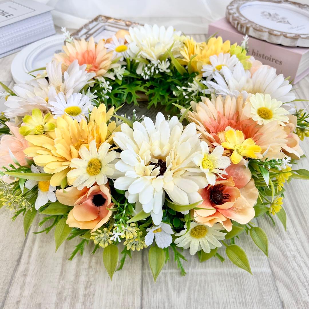 フラワーリース 黄色 オレンジ ガーベラ 野花 春まち 玄関リース 308