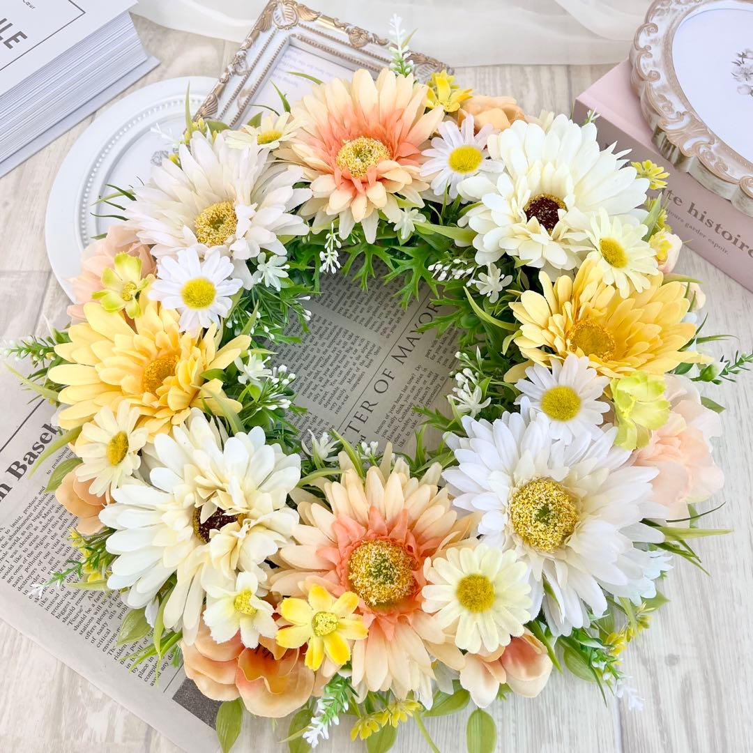 フラワーリース 黄色 オレンジ ガーベラ 野花 春まち 玄関リース 308