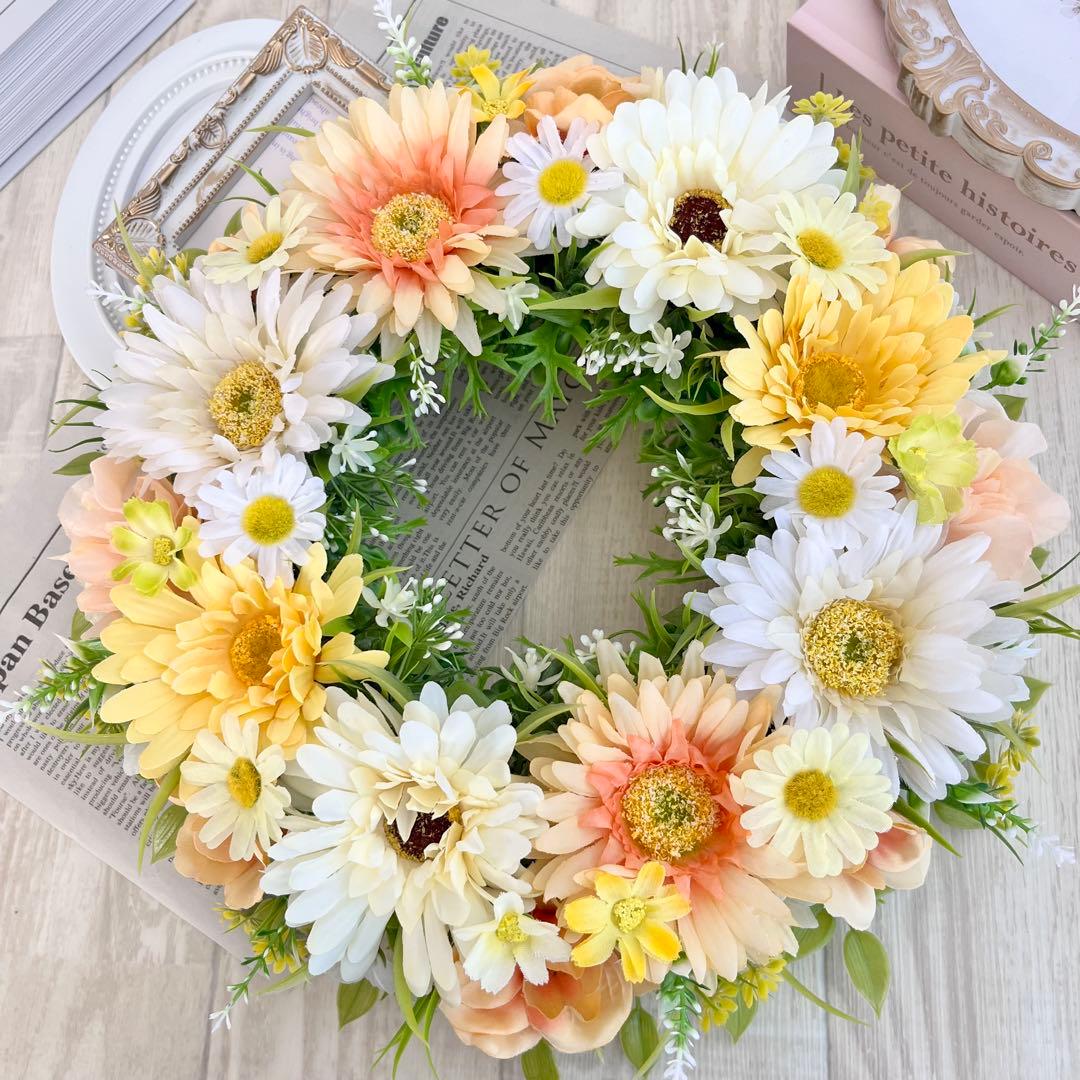フラワーリース 黄色 オレンジ ガーベラ 野花 春まち 玄関リース 308