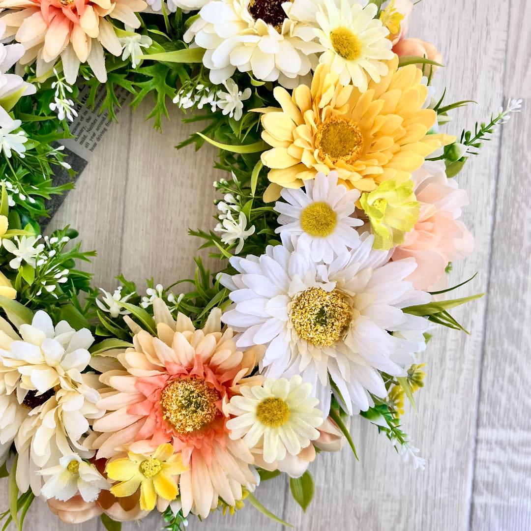 フラワーリース 黄色 オレンジ ガーベラ 野花 春まち 玄関リース 308