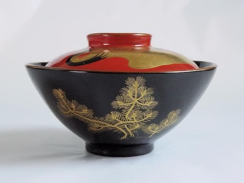 磁器　京焼　古伊万里　金襴手　若松に飛鶴の図　蓋茶碗　E124AS-CFx