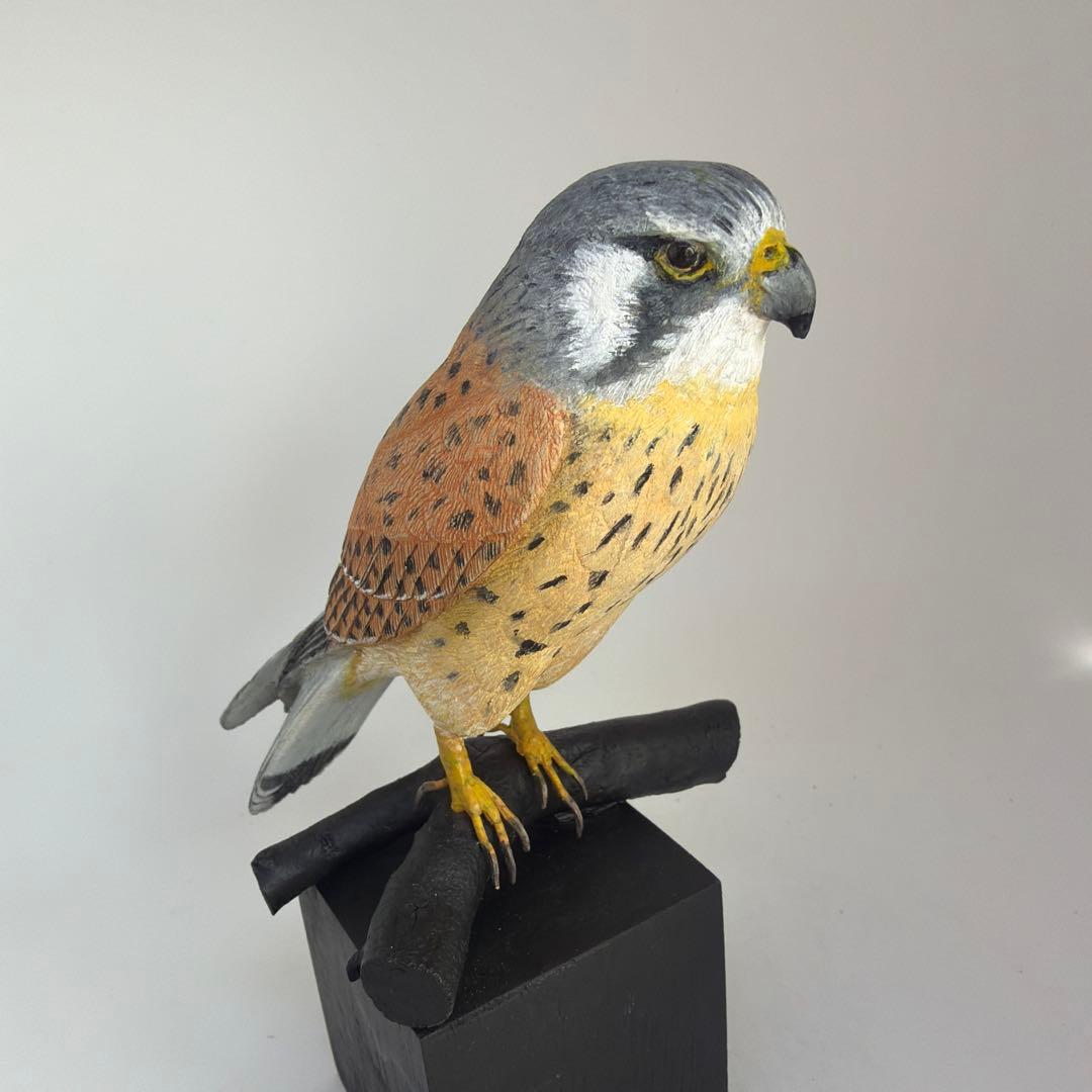精密バードカービング　野鳥「チョウゲンボウ」　　木彫　ハンドメイド　彫刻　一点物