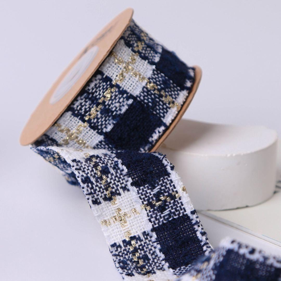 チェックツイードゴールドラインリボン 【紺】 幅25ｍｍ　 １巻５０ヤード