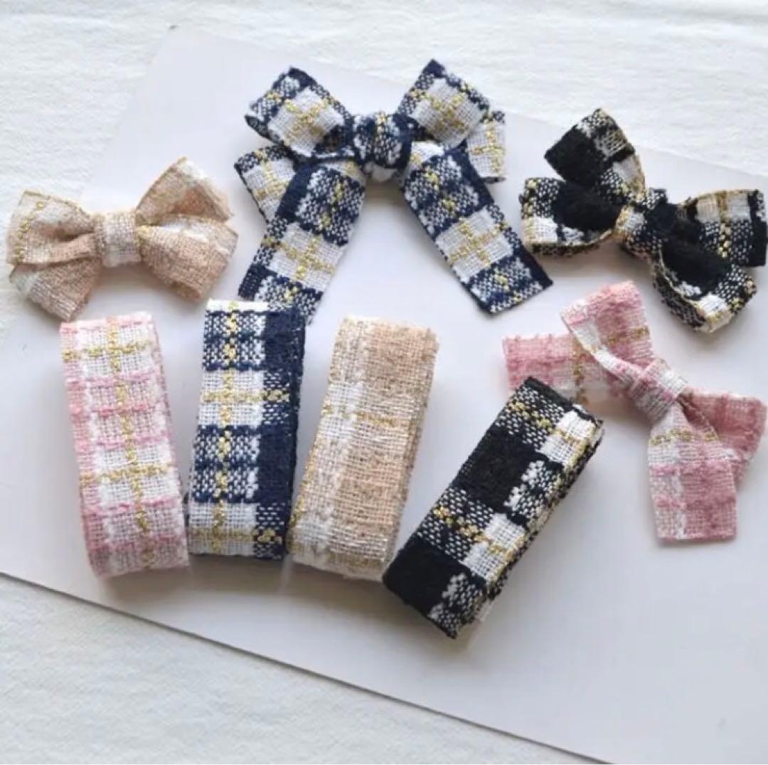 チェックツイードゴールドラインリボン 【紺】 幅25ｍｍ　 １巻５０ヤード