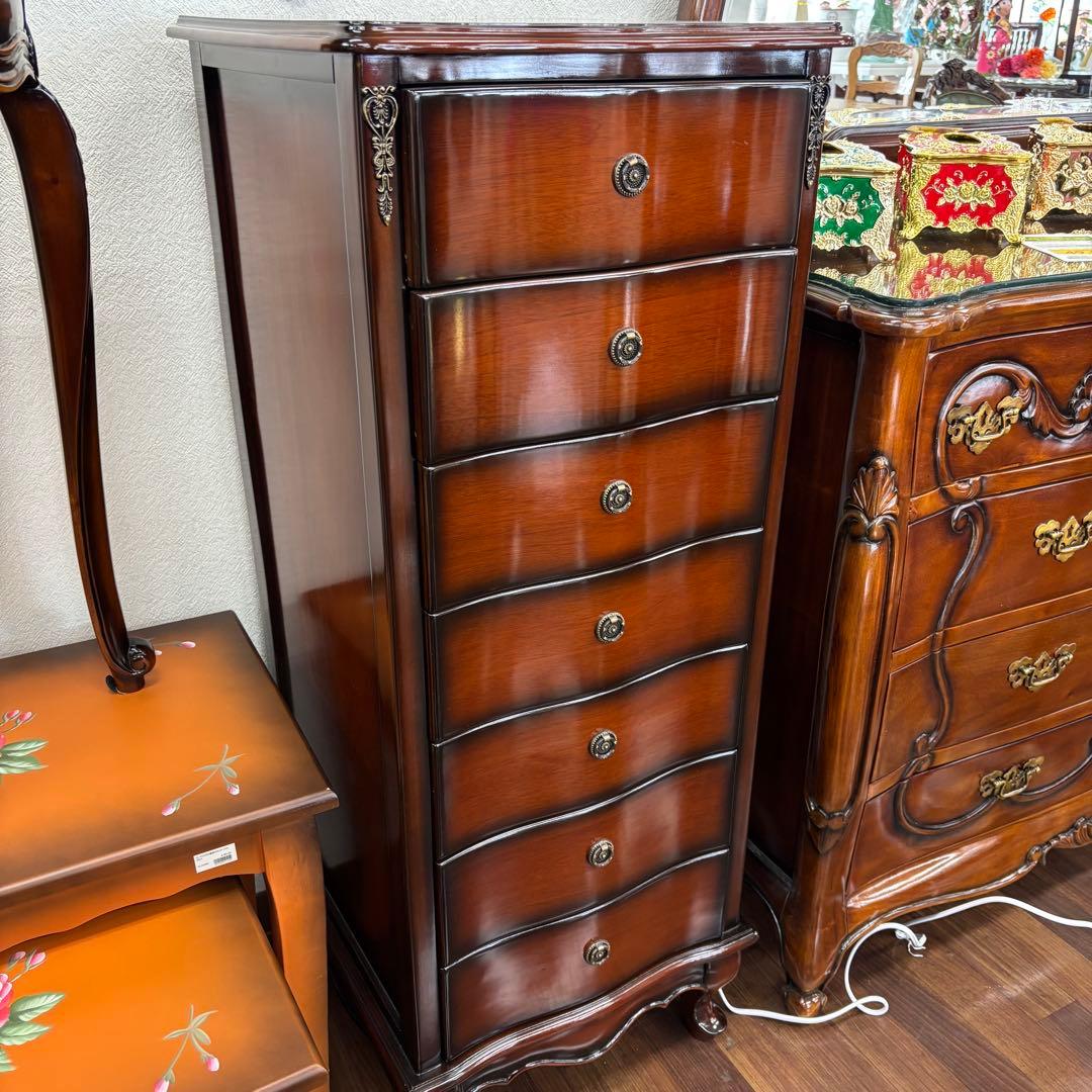 マホガニーアンティーク調 7段チェスト 収納 スリム 省スペース 開梱設置付き便