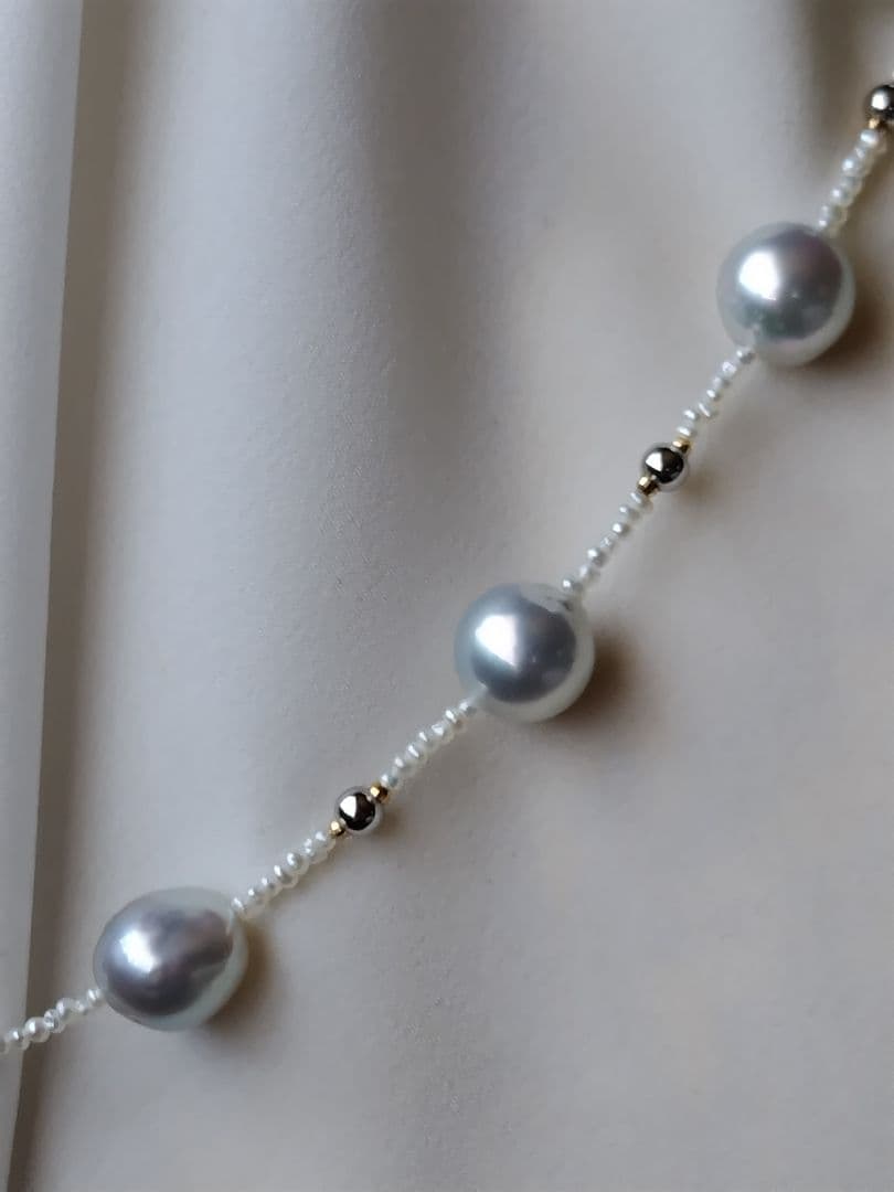 アコヤ真珠シルバーグレーの大珠、あこや砂芥子パールのネックレス