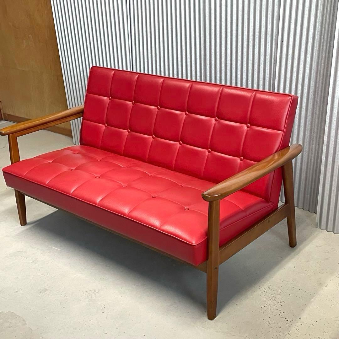 【カリモク60】Kチェア 2シーター 張り替え レッド ビンテージ ソファ