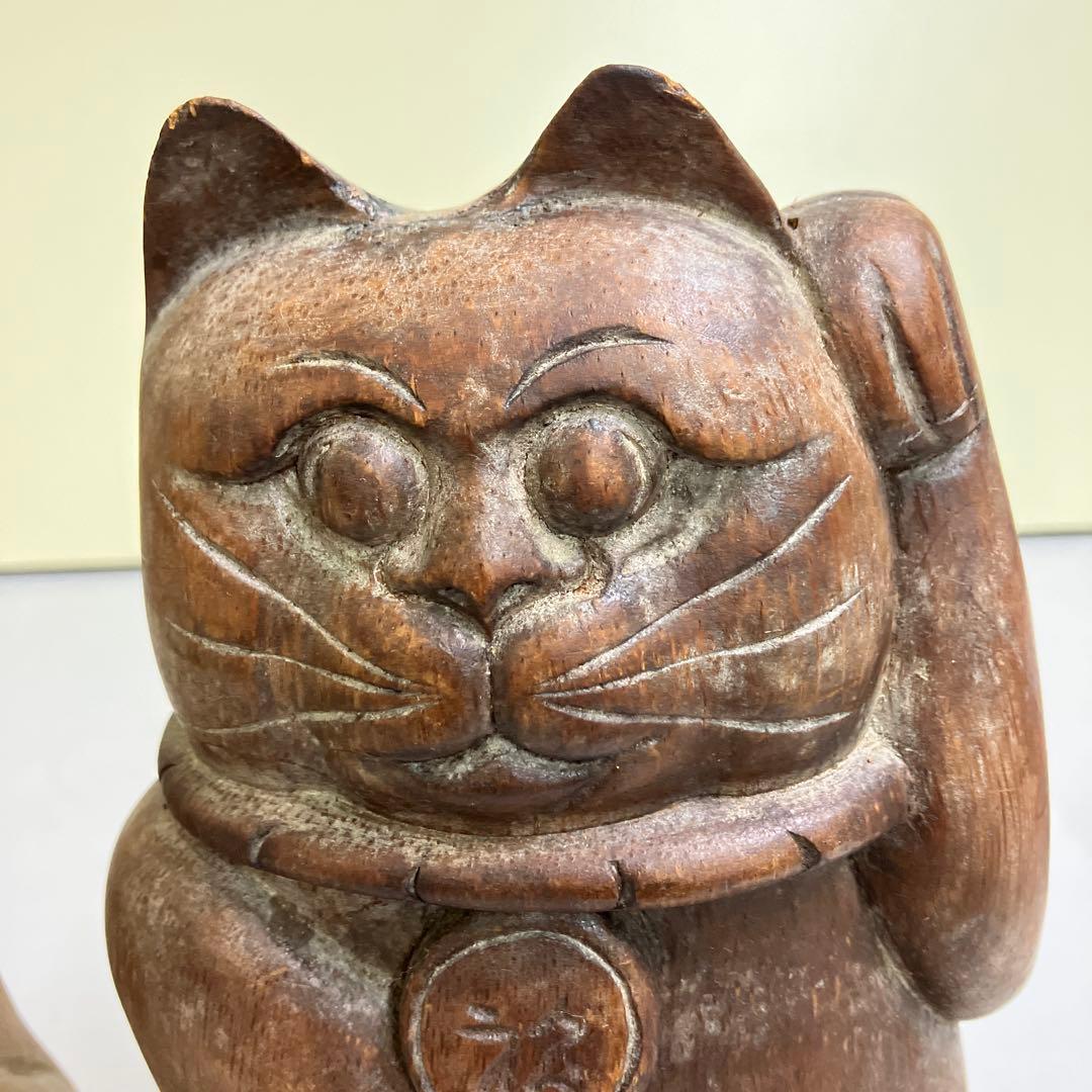 E-4昭和レトロ 招き猫 木製 置物 木彫り縁起物 2点セット 古道具 オブジェ
