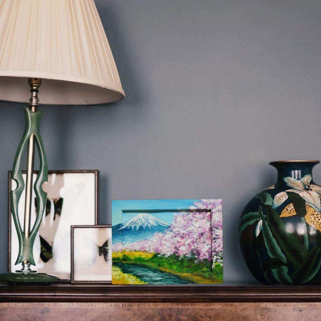 油絵 油彩 油彩画 絵 絵画 ミニ絵画 【桜と富士山】