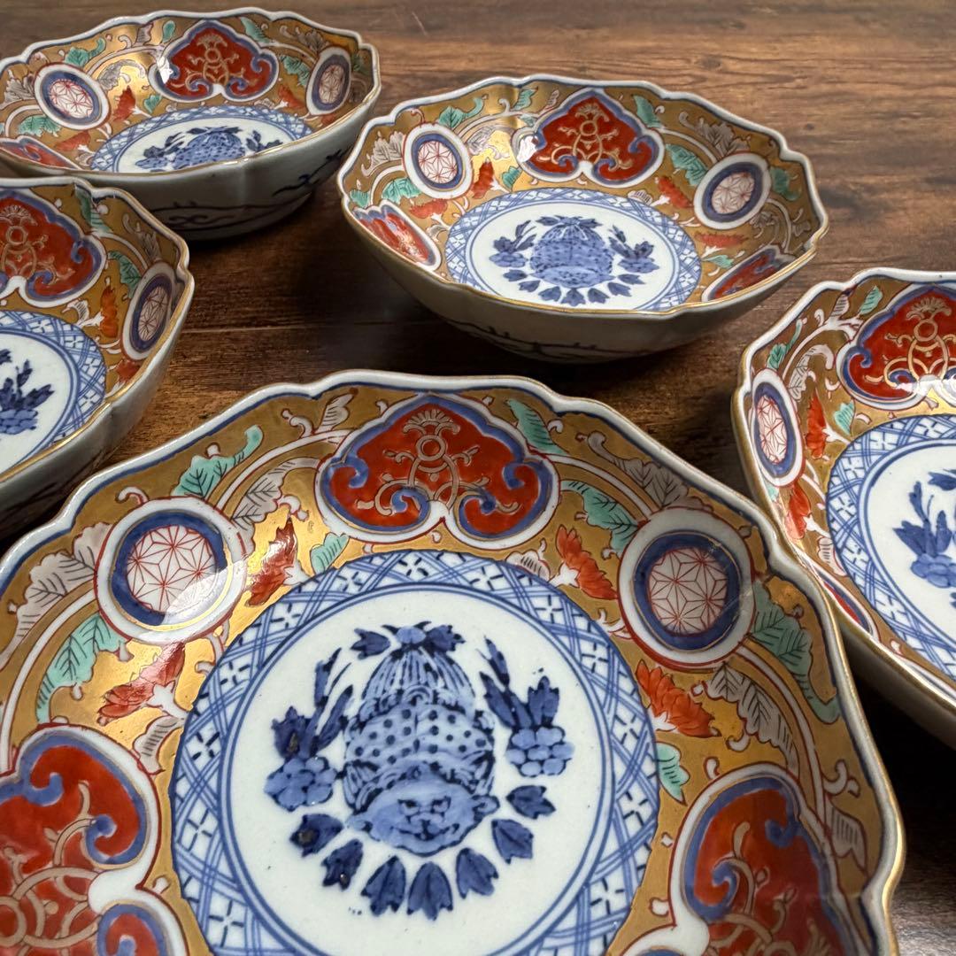 古伊万里　大明成化年製　金彩なます皿五客　お皿/アンティーク/鉢 060