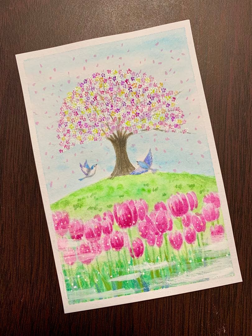 春の風景 水彩画 霧がかかるチューリップと不思議な花　値段は※900円です