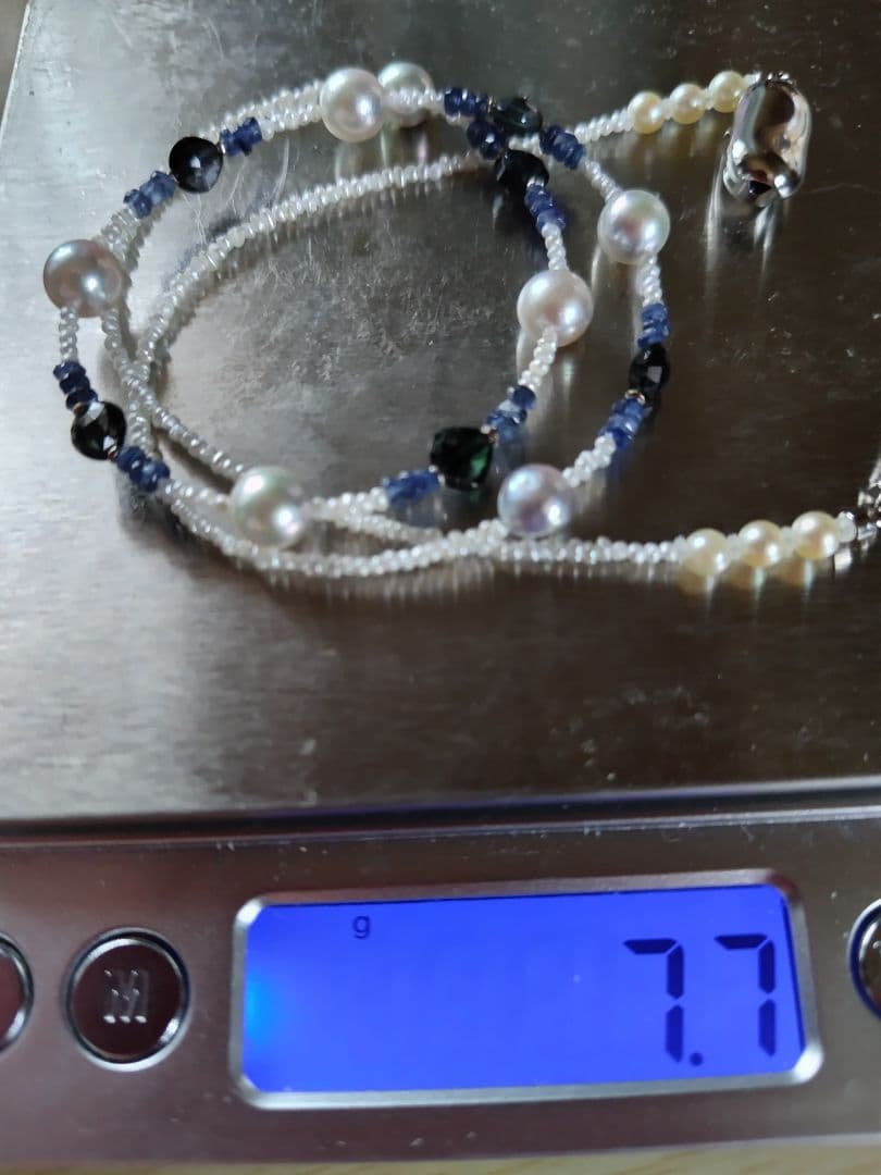 アコヤ真珠、あこや砂ケシパール、 サファイア の、オメガ風 ネックレス