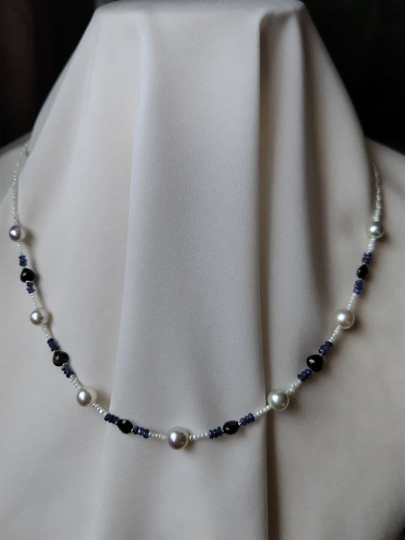 アコヤ真珠、あこや砂ケシパール、 サファイア の、オメガ風 ネックレス