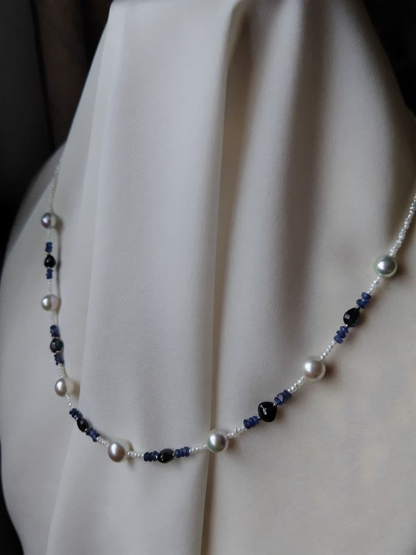 アコヤ真珠、あこや砂ケシパール、 サファイア の、オメガ風 ネックレス